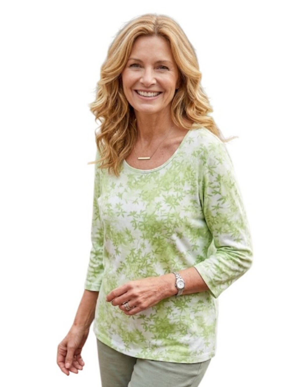 Very Pretty Women's Size (S )Long Sleeve Leafy Top Green/White